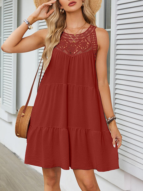 A-line Loose Hollow Pleated Color Split-joint Round-neck Mini Dresses