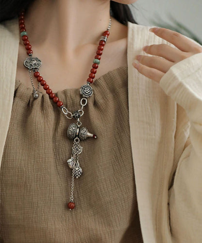 Colorblock Sterling Silver Gourd Ball Ruyi Lock Pendant Necklace