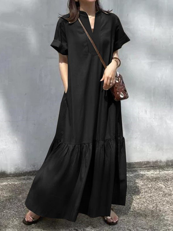 A-line Loose Color Split-joint V-neck Maxi Dresses