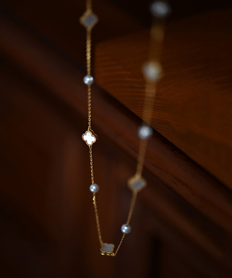 Four Leaf Clover Pearl Starlight Adjustable Gold Plated Choker