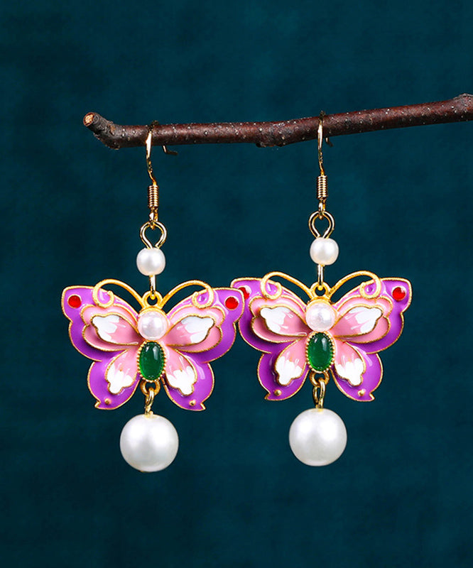 Purple Copper Overgild Acrylic Pearl Butterfly Drop Earrings