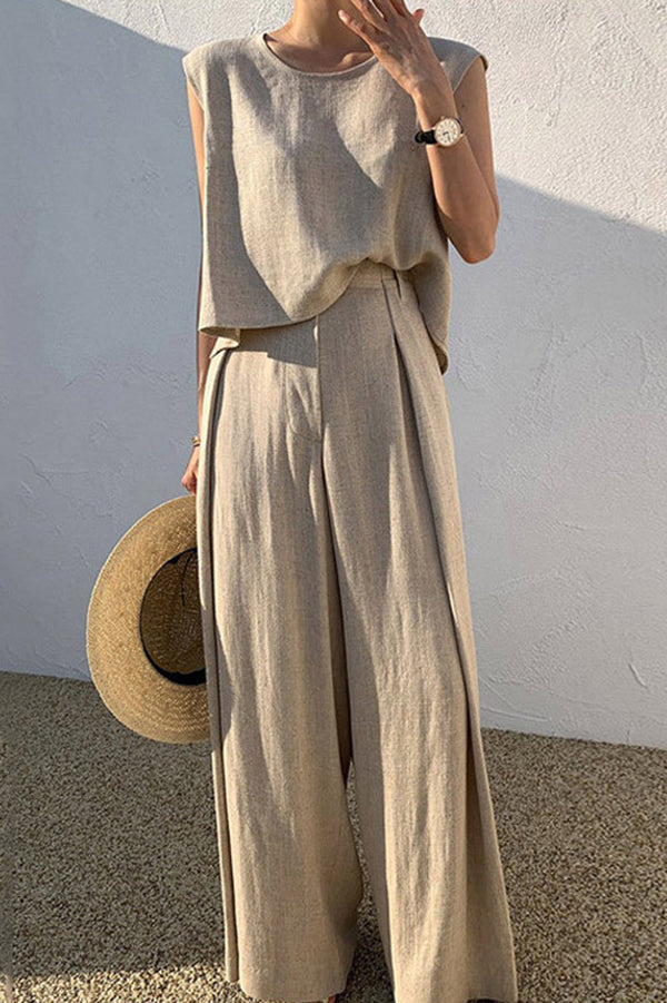 Linen Blend Round Neck Sleeveless Top and Loose Wide-leg Pants Set