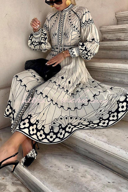 Perfect for Spring Linen Blend Print Button Balloon Sleeve Belted Shirt Midi Dress