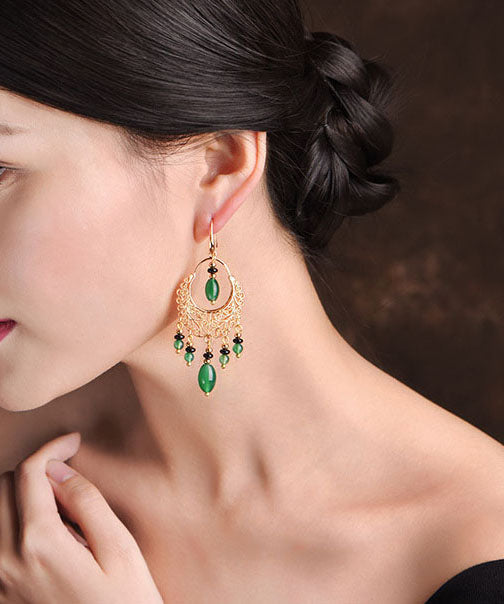 Green Agate Tassel 14k Gold Drop Earrings