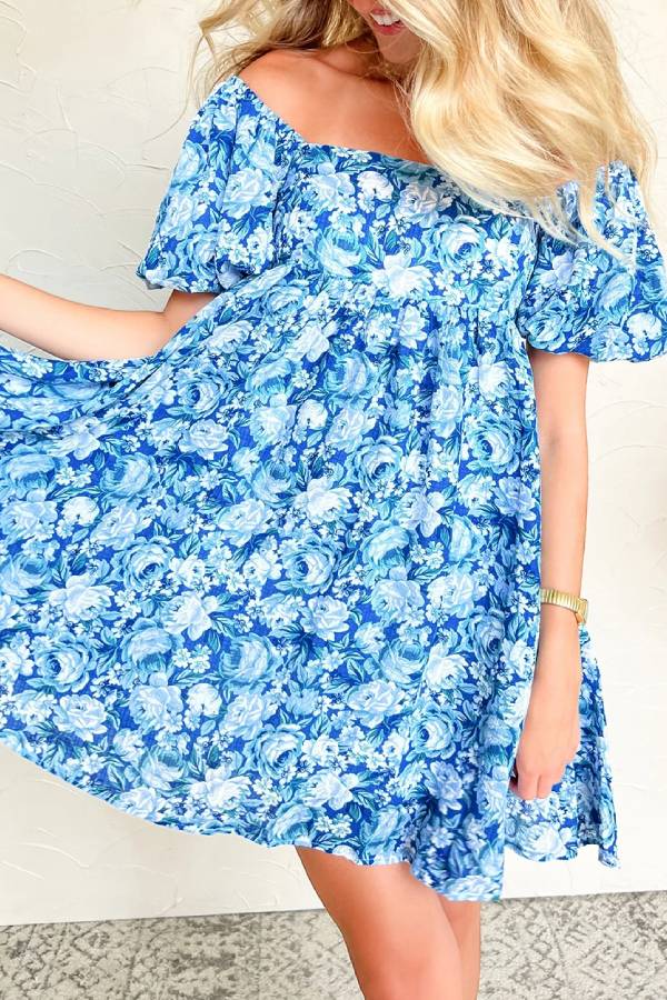 Blue Puff Sleeve Babydoll Mini Dress
