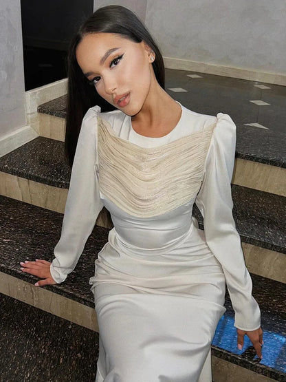 Satin Long Sleeved Bodycon Maxi Dress for Slim Pleated Vestido Autumn/winter New Party Evening Dress