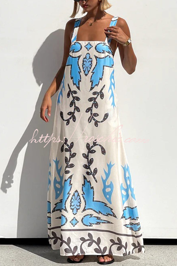 Unique Print Square Neck Open Back Lace-up Loose Maxi Dress