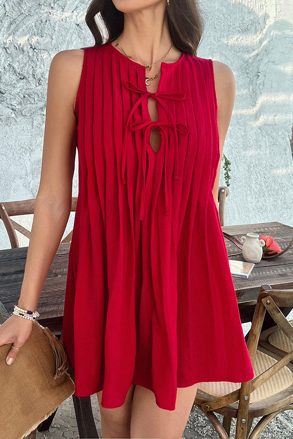 Color Sleeveless Tie Pleated Mini Dress