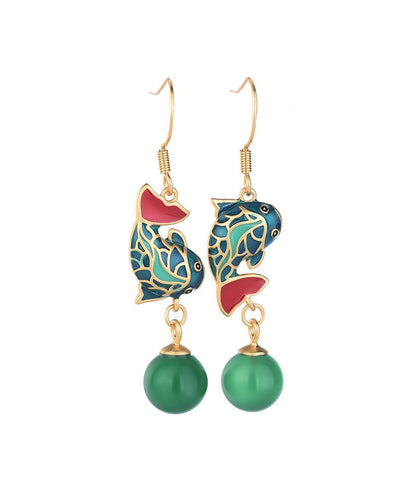 Green Ancient Gold Chalcedony a Fish Leaping Over the Dragon Gate Drop Earrings