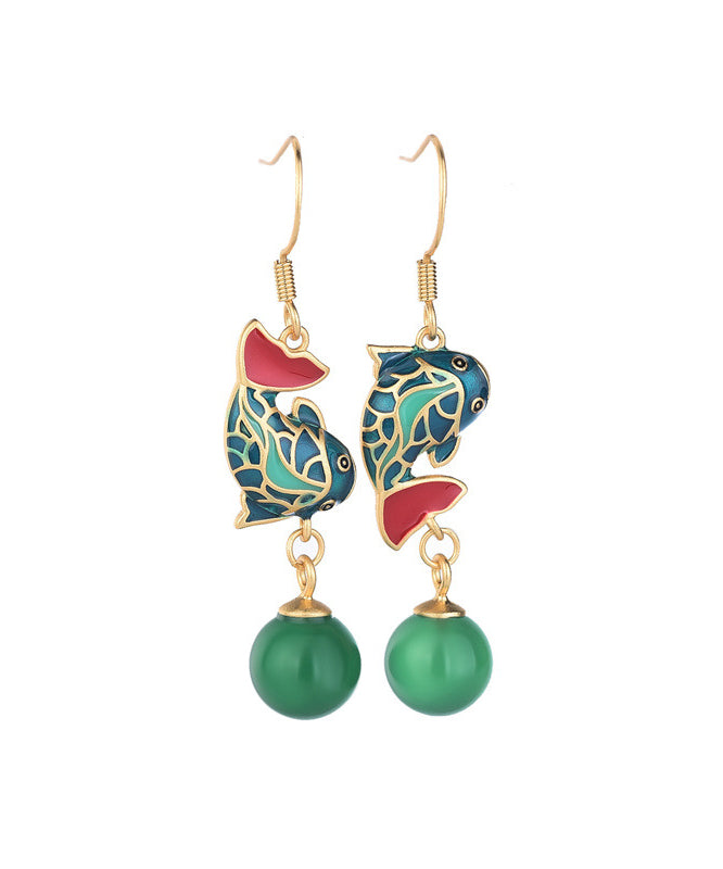 Green Ancient Gold Chalcedony a Fish Leaping Over the Dragon Gate Drop Earrings