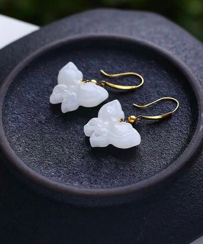 White Sterling Silver Overgild Jade Butterfly Drop Earrings