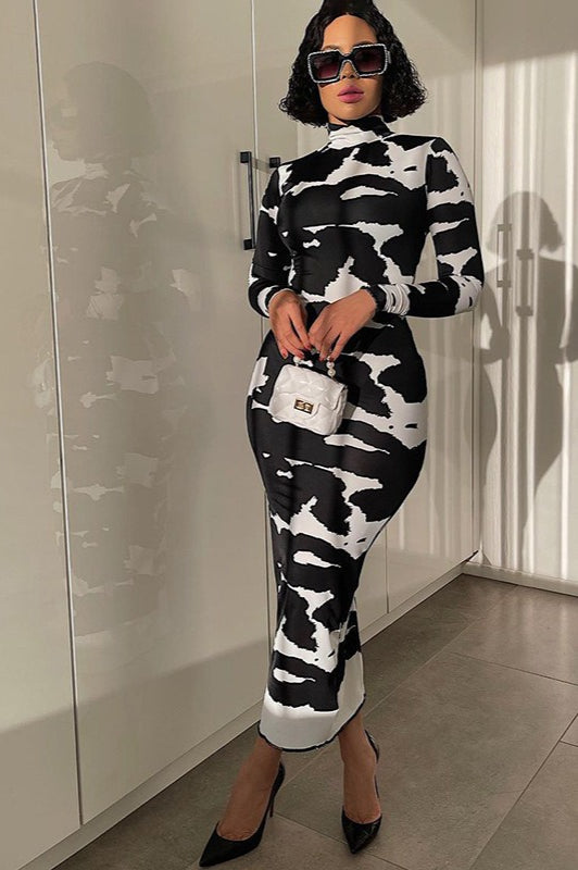 Print High Neck Long Sleeve Bodycon Maxi Dress