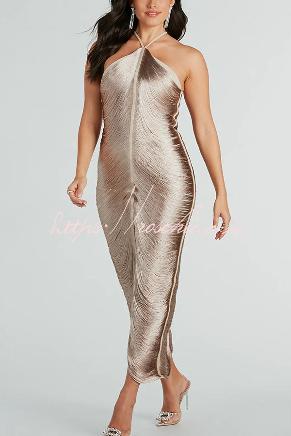 Allnight Metallic Halterneck Backless Fringed Slit Maxi Dress