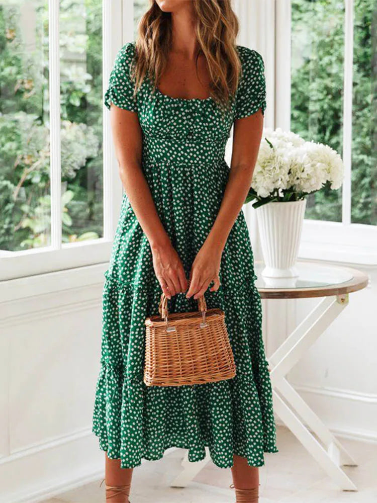Vestidos Print Puff Sleeve Summer Beach Sweet Dresses Square Collar Maxi Long Dress Festa