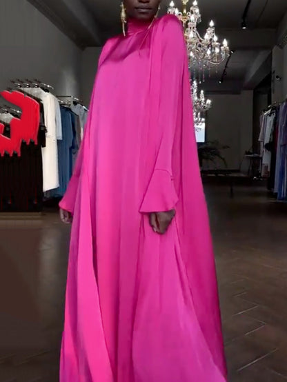 Flared Sleeves Long Sleeves Color High-neck Maxi Dresses