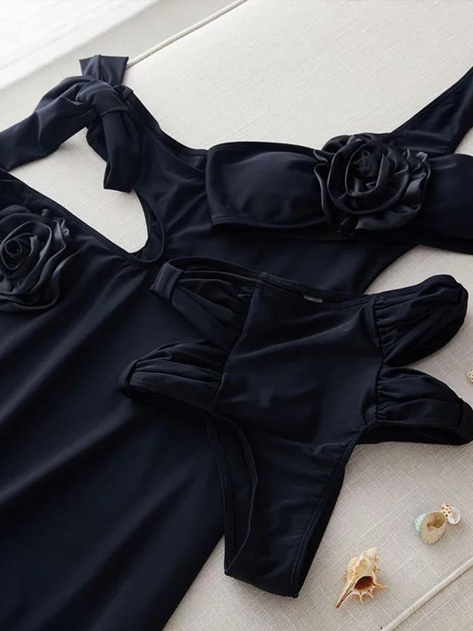 Bandeau 3d Flower Cutout Bikini Swimsuit and Cardigan