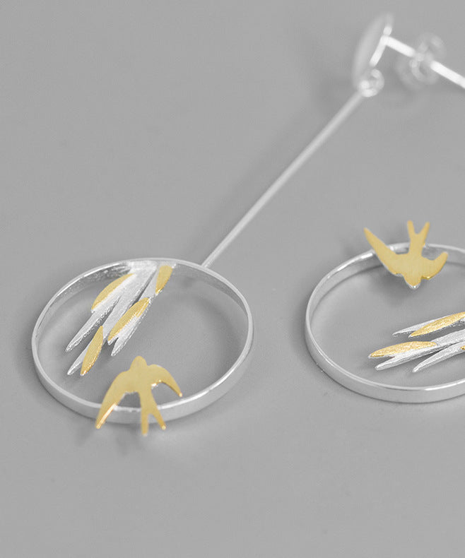 Unique Silk Sterling Silver Little Bird Leaf Drop Earrings
