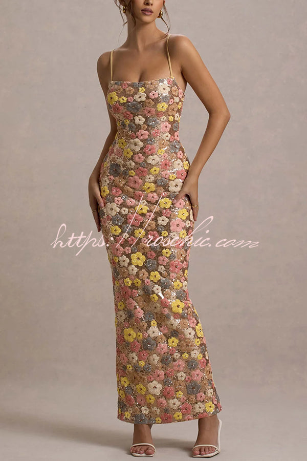80's Inspired Print Sequin Square Neck Slip Stretch Maxi Dress