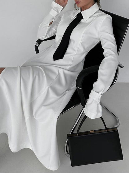 A-line Flared Sleeves Buttoned Color Split-joint Split-side Lapel Maxi Dresses Shirt Dress