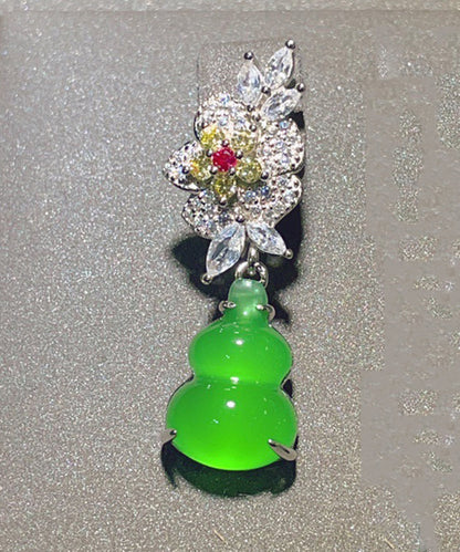 Green Sterling Silver Zircon Jade Gourd Drop Earrings
