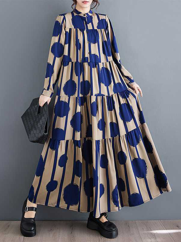 A-line Long Sleeves Buttoned Pleated Polka-dot Split-joint Stand Collar Maxi Dresses Shirt Dress
