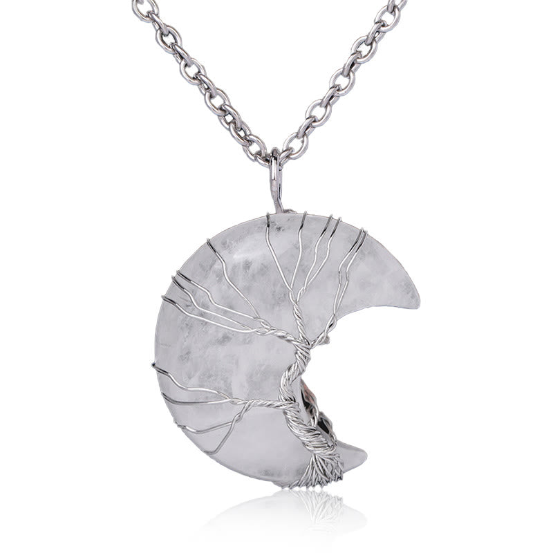 Buddha Stones Natural Quartz Crystal Moon Tree of Life Healing Energy Necklace Pendant