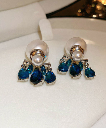 Stylish Blue Copper Zircon Pearl Tassel Drop Earrings
