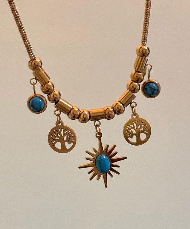 Gold Sterling Silver Overgild Turquoise Sunflower Tassel Pendant Necklace