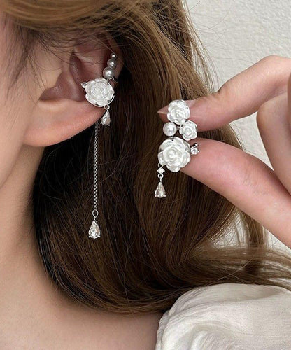 White Sterling Silver Asymmetrical Rose Tassel Drop Earrings