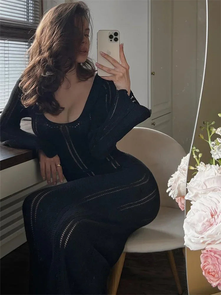 Hollow Out Knitwear Backless Long Dress ’s Slim High Waist Skinny Autumn Party Dress Female Knit Dress