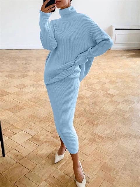 Knitted 2 Piece Outfit Set Long Sleeve Sweater Top and Pencil Long Skirts Autumn Two Piece Sweater Sets