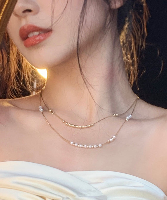 Gold Silk Yarn Multilayer Pearl Tassel Necklace