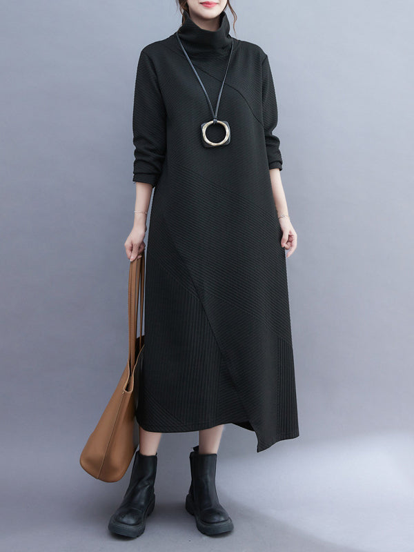 Irregularity Long Sleeves Color High-neck Midi Dresses