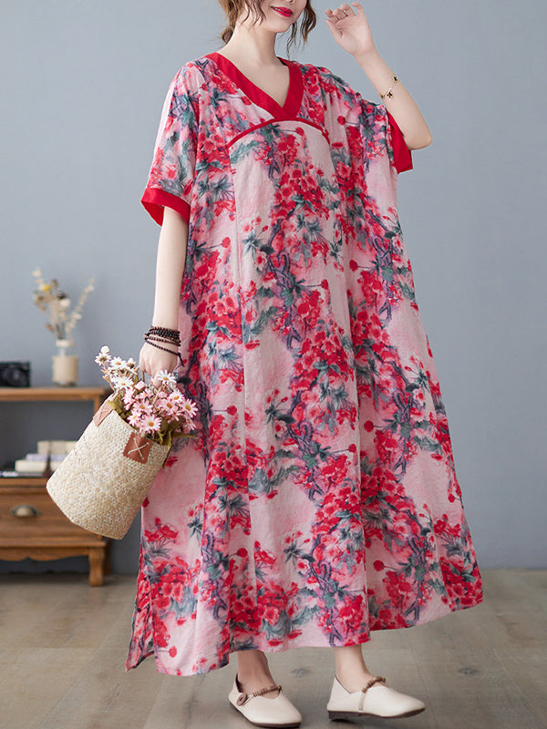 Loose Artistic Retro Printed Split-joint V-neck Midi Dress