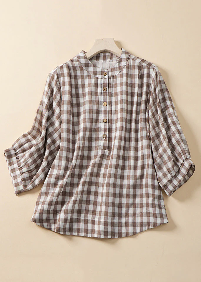 Grace Blue Plaid Stand Collar Cotton Blouses Bracelet Sleeve Qr023