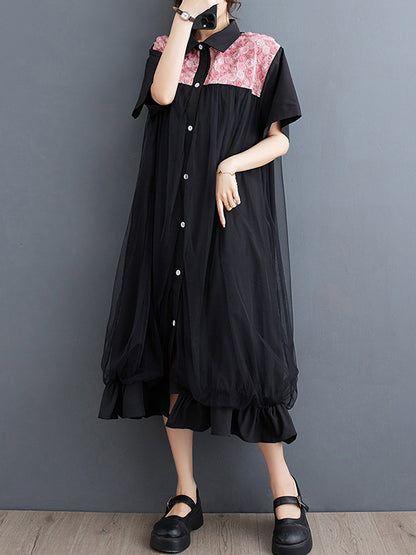 Loose Short Sleeves Falbala Printed Split-joint Lapel Midi Dresses