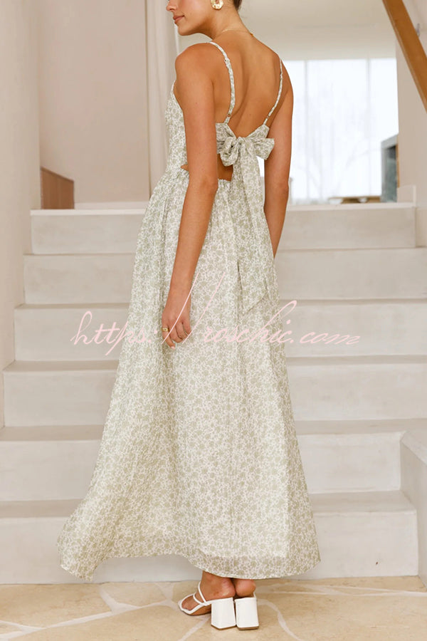 Print V-neck Sleeveless Back Tie Pocket Maxi Dress
