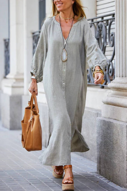 Linen Blend V Neck Balloon Sleeve Maxi Dress