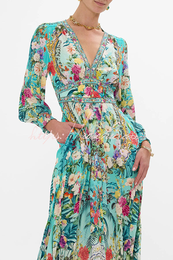 Fairy Tale Print V-neck Lantern Sleeve Waist Maxi Dress