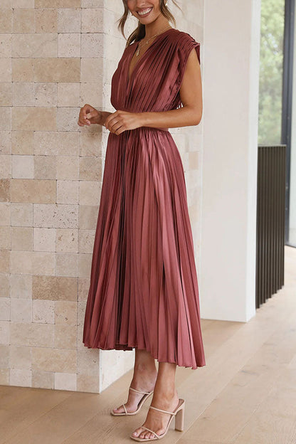 Hello Satin Pleated Midi Dress