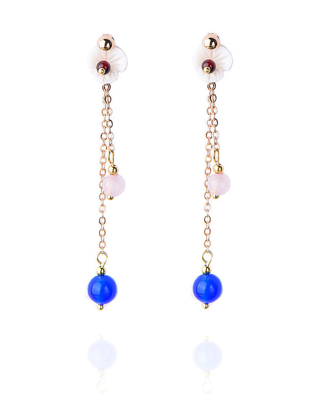 Blue Agate Shellfish Flower Tassel 14k Gold Drop Earrings