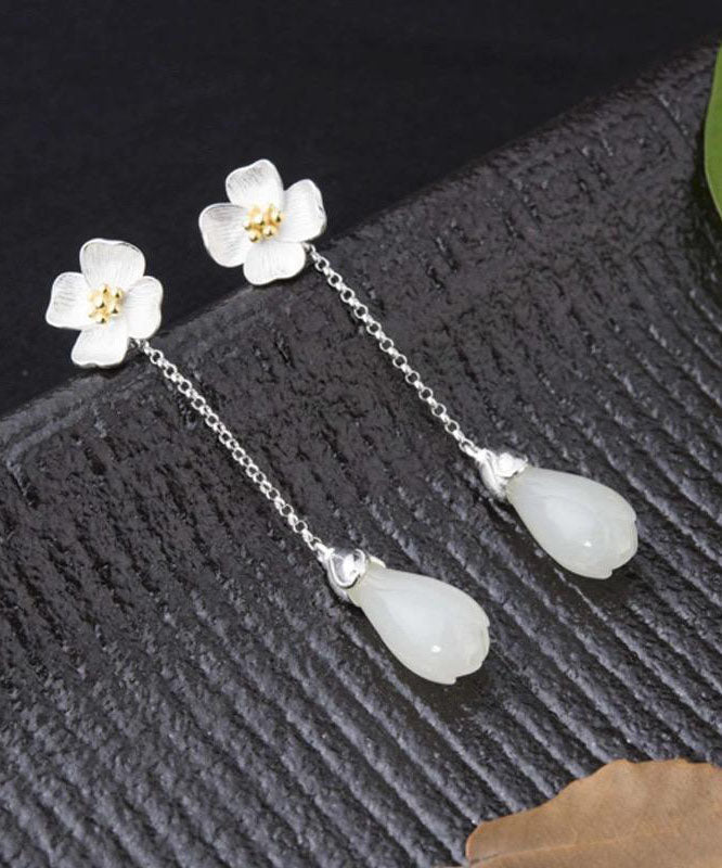 White Sterling Silver Inlaid Jade Drop Earrings
