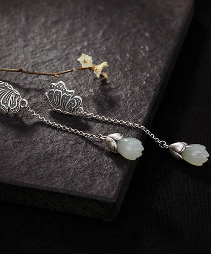 Sterling Silver Inlaid Jade Butterfly Drop Earrings