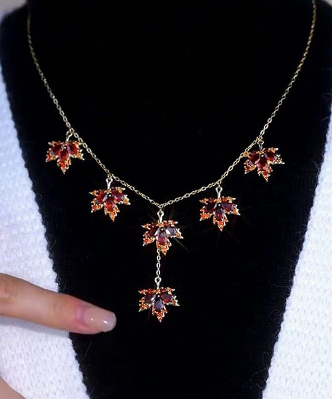 Red Copper Alloy Crystal Maple Leaves Pendant Necklace