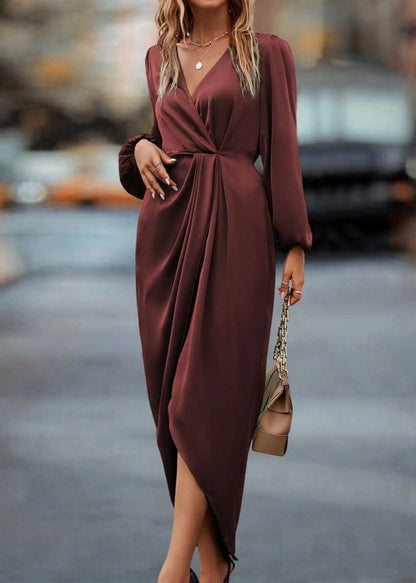 Red Draped V-neck Midi Dress