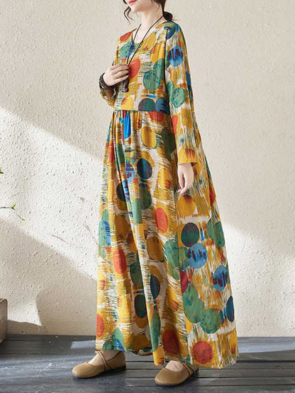 A-line Long Sleeves Pleated Polka-dot Split-joint Round-neck Maxi Dresses