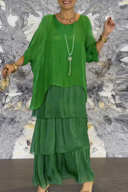 Color Crew Neck Loose Tiered Maxi Dress