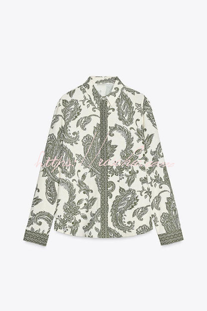 Blend Into Leaves Linen Blend Unique Print Long Sleeve Blouse and Wrap Tie-up Mini Skirt Set