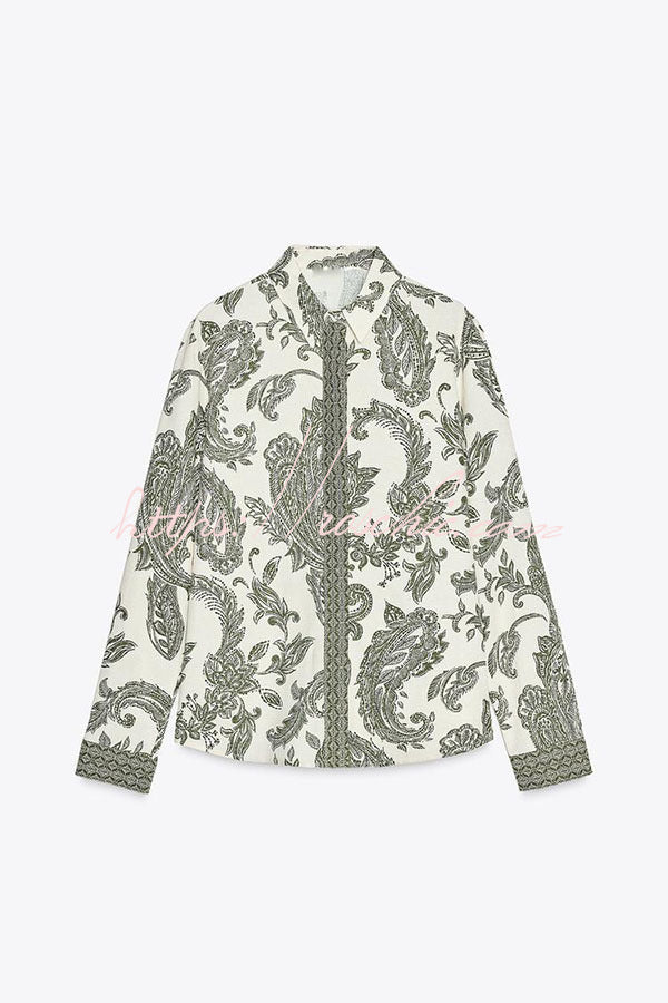 Blend Into Leaves Linen Blend Unique Print Long Sleeve Blouse and Wrap Tie-up Mini Skirt Set