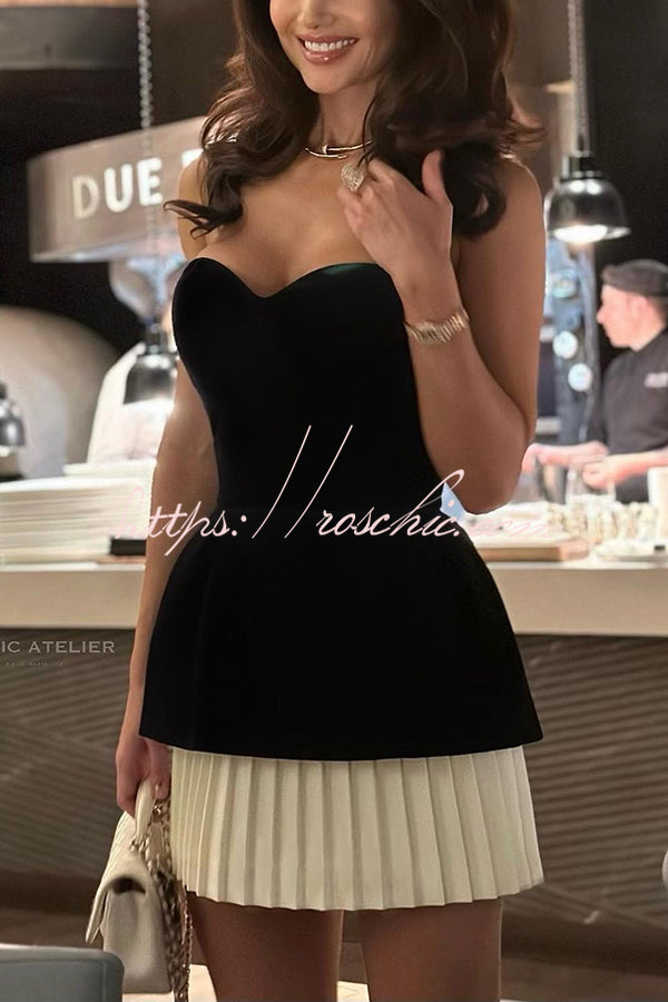 Lindsey Velvet Off Shoulder Sweetheart Neck Patchwork Pleated Mini Dress